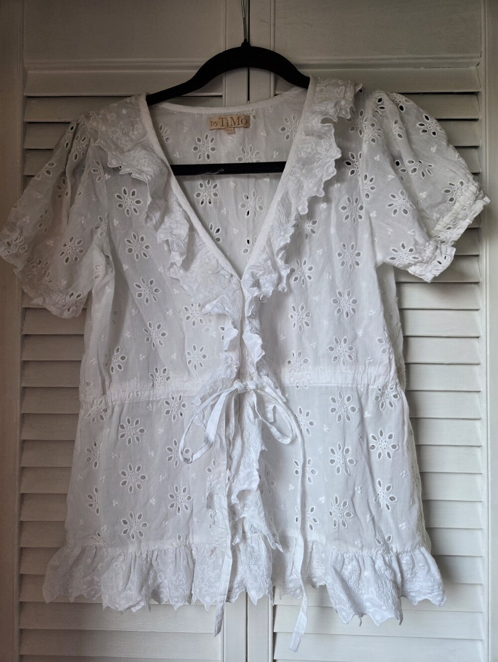 byTiMo White Eyelet Ruffle Tie-Front Blouse